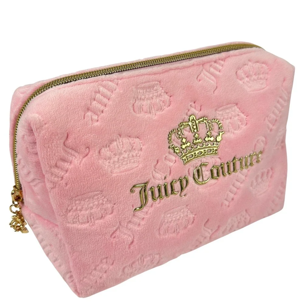 Juicy Couture Pink Velour Makeup Bag Embossed Crown Logo Cosmetic Case Y2K